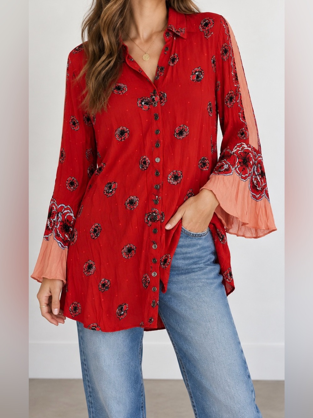 Free People Red and Peach Floral Button-Up Tunic - Size L?
